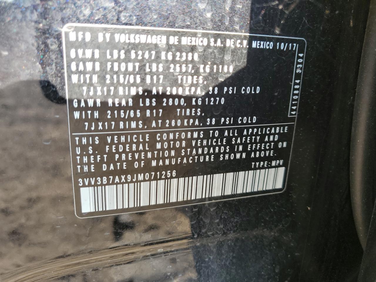 2018 Volkswagen Tiguan Se VIN: 3VV3B7AX9JM071256 Lot: 68310755