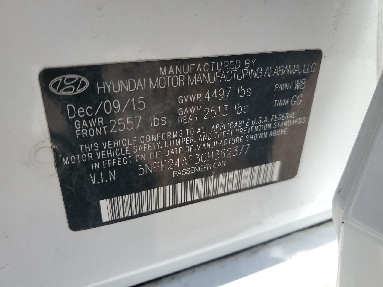 2016 Hyundai Sonata Se VIN: 5NPE24AF3GH362377 Lot: 70920695
