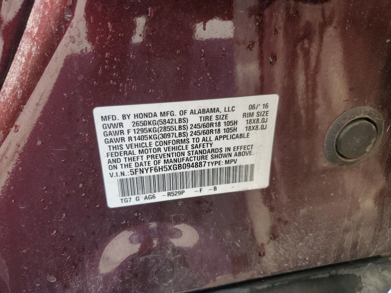 2016 Honda Pilot Exl VIN: 5FNYF6H5XGB094887 Lot: 67609005