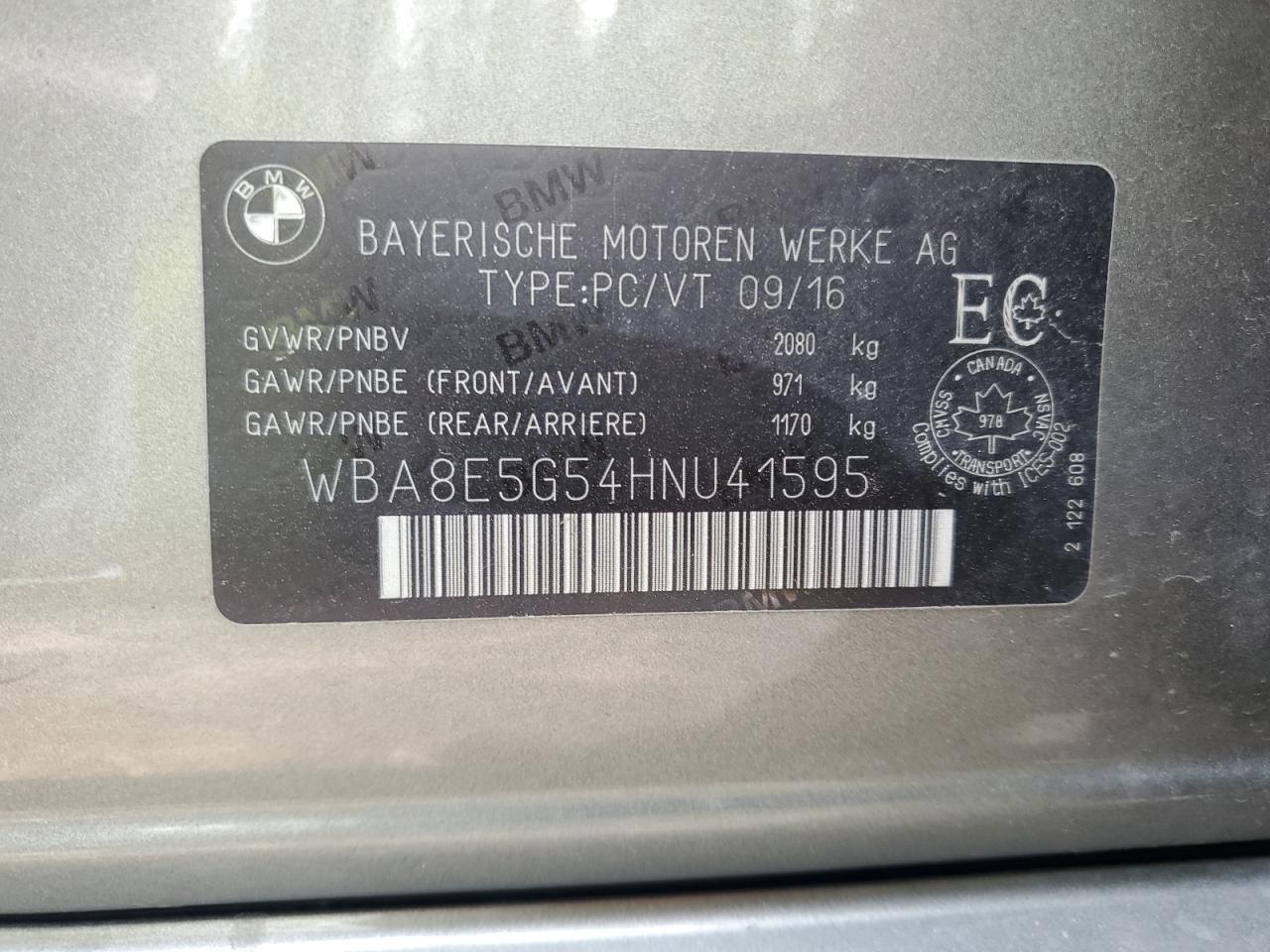 2017 BMW 320 Xi VIN: WBA8E5G54HNU41595 Lot: 66346075