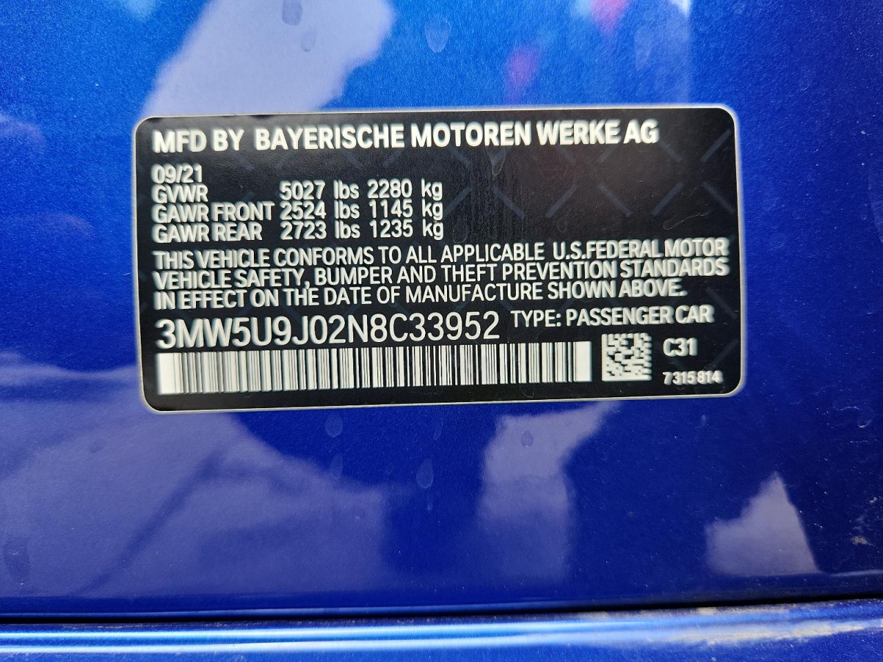 2022 BMW M340Xi VIN: 3MW5U9J02N8C33952 Lot: 70159375