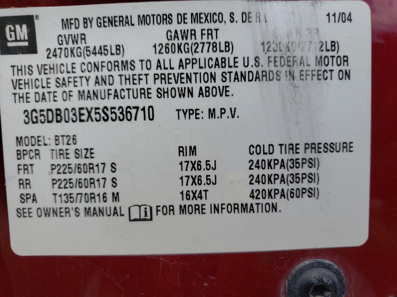 2005 Buick Rendezvous Cx VIN: 3G5DB03EX5S536710 Lot: 67942725