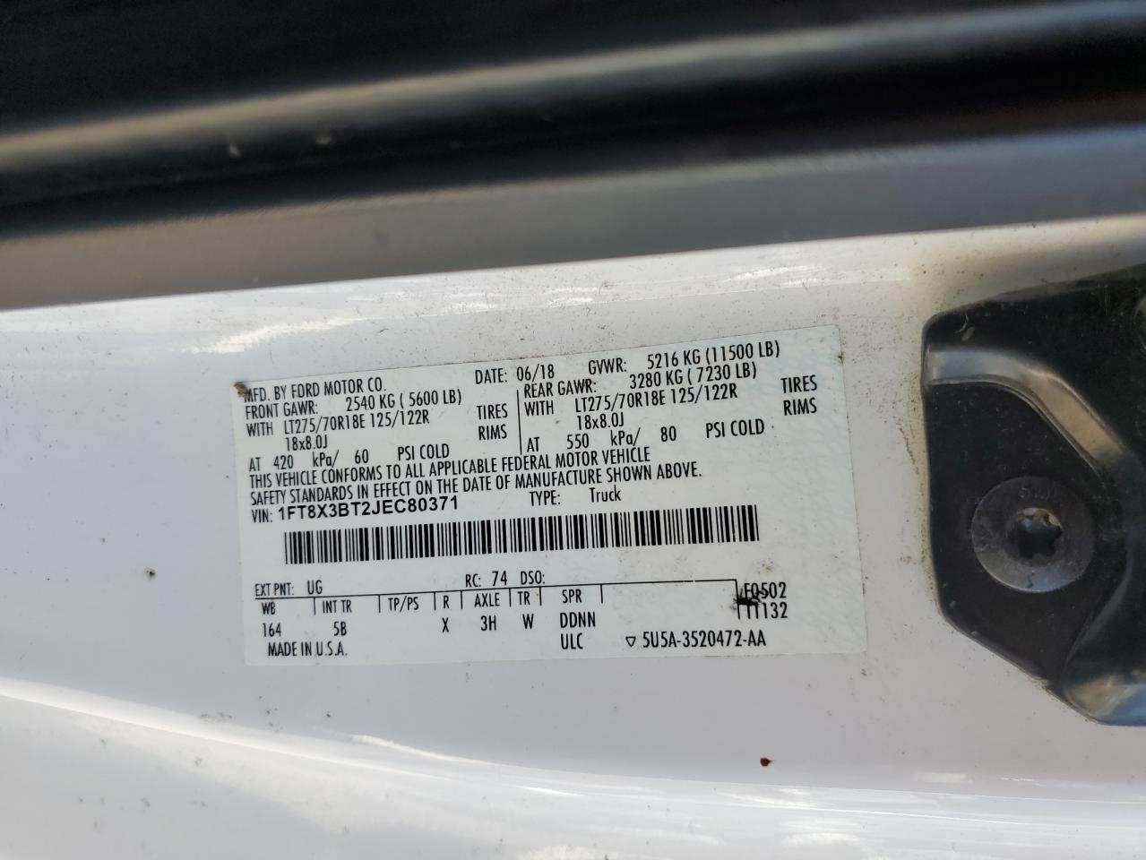 2018 Ford F350 Super Duty VIN: 1FT8X3BT2JEC80371 Lot: 67382825