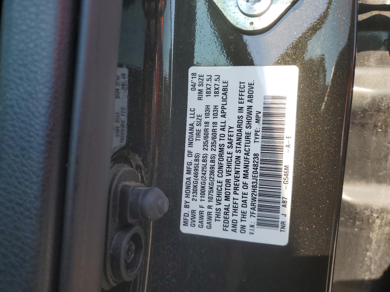 2018 Honda Cr-V Exl VIN: 7FARW2H83JE048238 Lot: 67907955