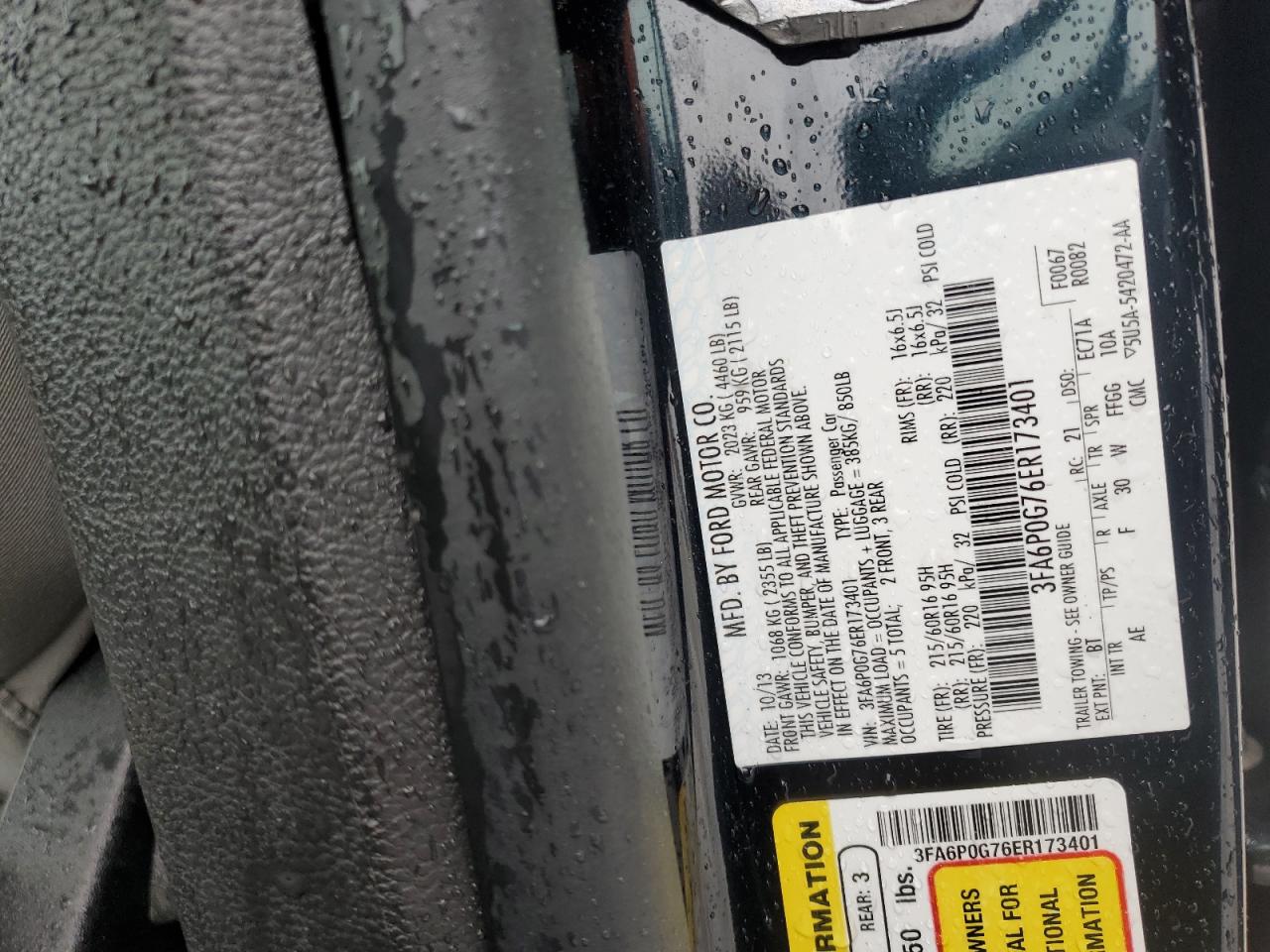 2014 Ford Fusion S VIN: 3FA6P0G76ER173401 Lot: 66862765