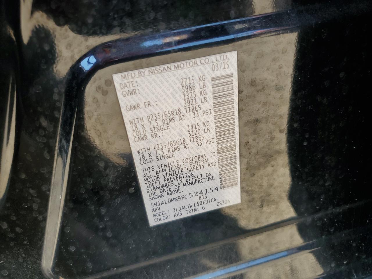 2015 Infiniti Qx60 VIN: 5N1AL0MN9FC524154 Lot: 70203215