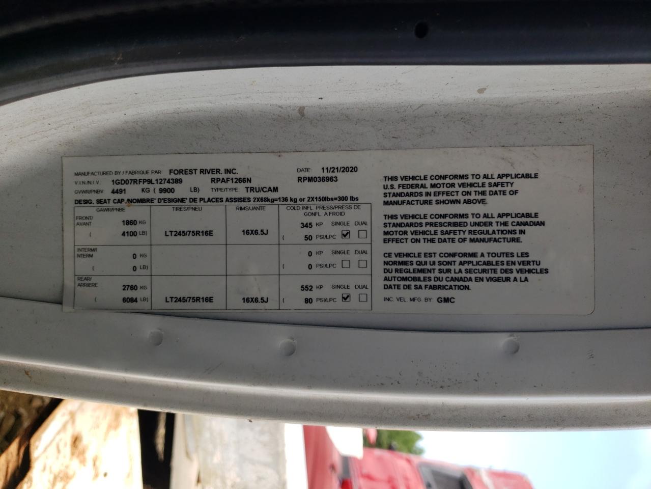 2020 GMC Savana Cutaway G3500 VIN: 1GD07RFP9L1274389 Lot: 66915175