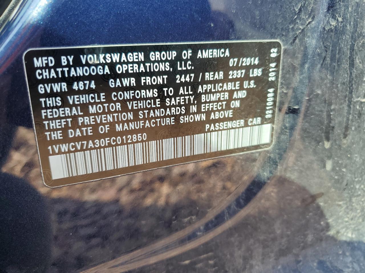 2015 Volkswagen Passat Sel VIN: 1VWCV7A30FC012850 Lot: 68773765