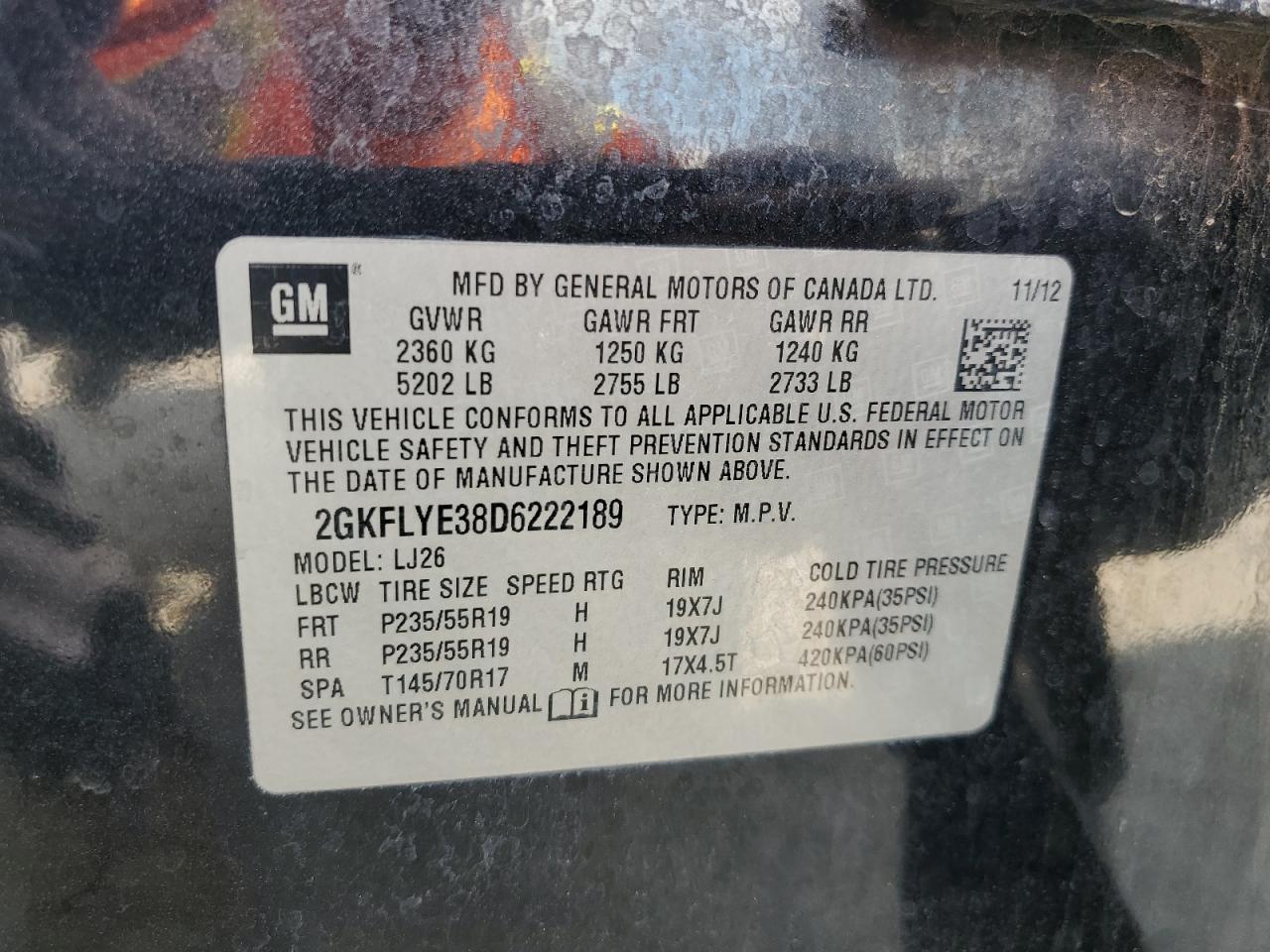 2013 GMC Terrain Denali VIN: 2GKFLYE38D6222189 Lot: 67616075