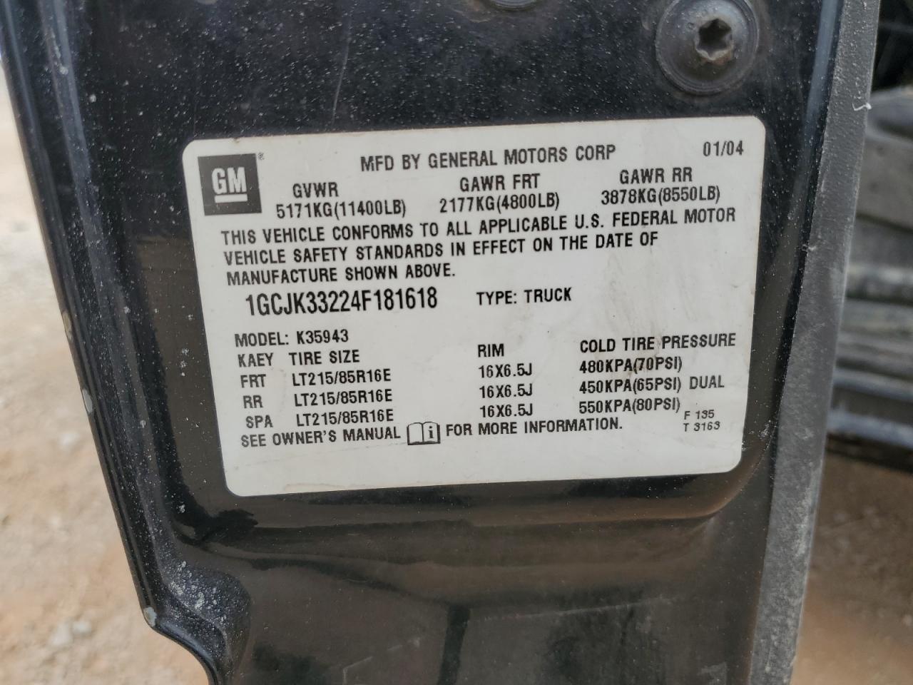 2004 Chevrolet Silverado K3500 VIN: 1GCJK33224F181618 Lot: 67789075