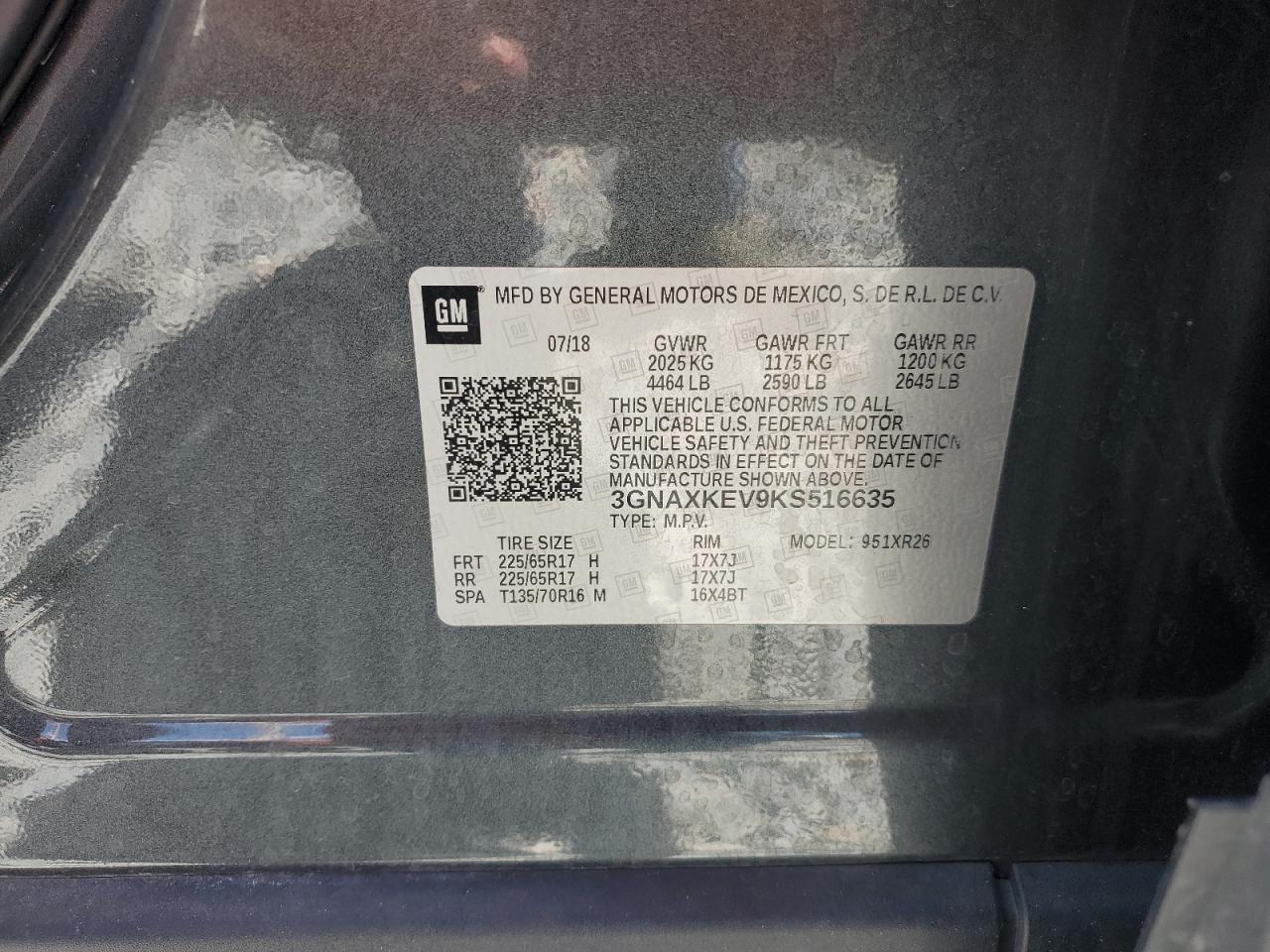 2019 Chevrolet Equinox Lt VIN: 3GNAXKEV9KS516635 Lot: 68449065