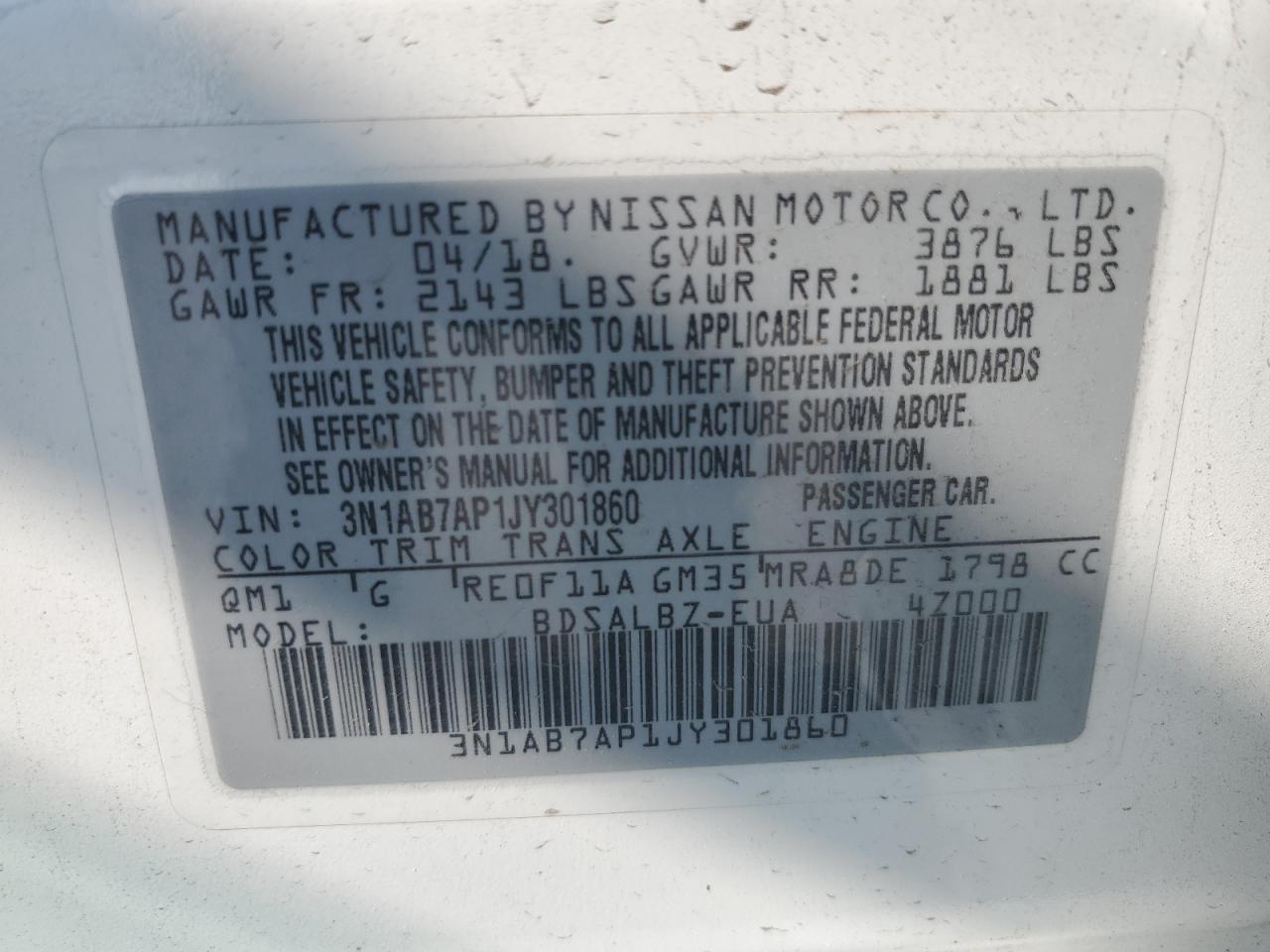 2018 Nissan Sentra S VIN: 3N1AB7AP1JY301860 Lot: 68628005