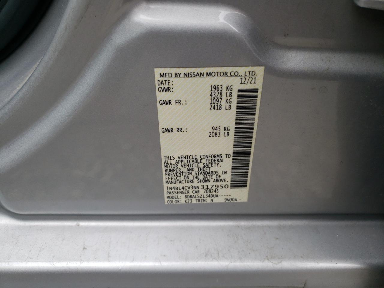 2022 Nissan Altima Sr VIN: 1N4BL4CV3NN317950 Lot: 68718165
