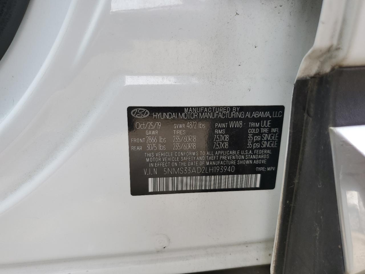 2020 Hyundai Santa Fe Sel VIN: 5NMS33AD2LH193940 Lot: 69610835