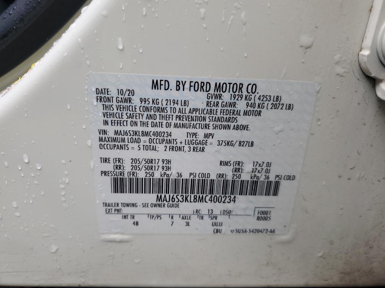 2021 Ford Ecosport Titanium VIN: MAJ6S3KL8MC400234 Lot: 70025315