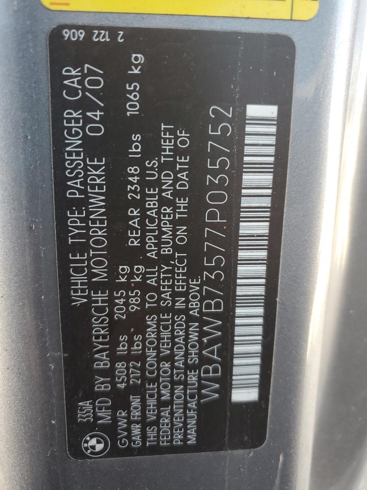 2007 BMW 335 I VIN: WBAWB73577P035752 Lot: 70025915