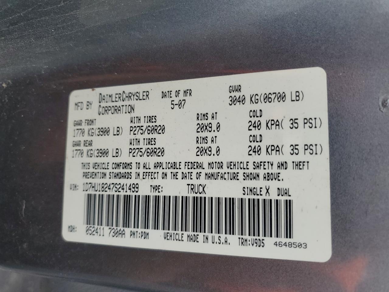 2007 Dodge Ram 1500 St VIN: 1D7HU18247S241499 Lot: 69436615