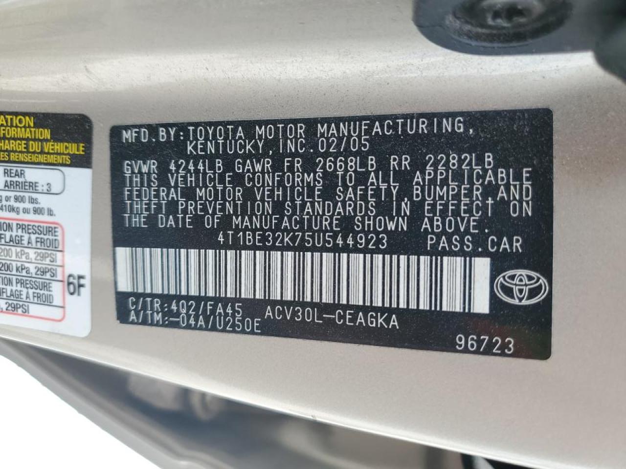 2005 Toyota Camry Le VIN: 4T1BE32K75U544923 Lot: 70263995