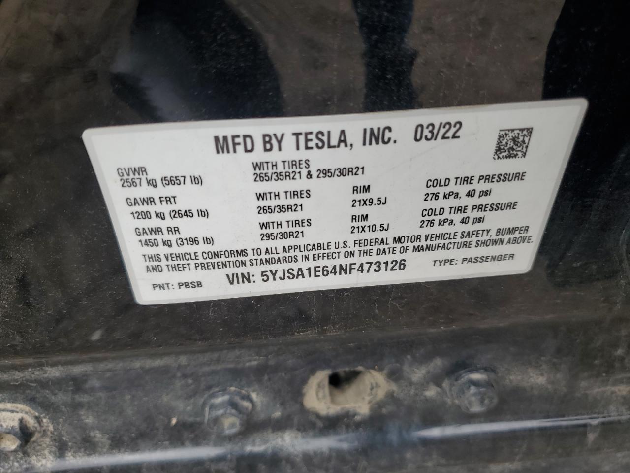 2022 Tesla Model S VIN: 5YJSA1E64NF473126 Lot: 69663225