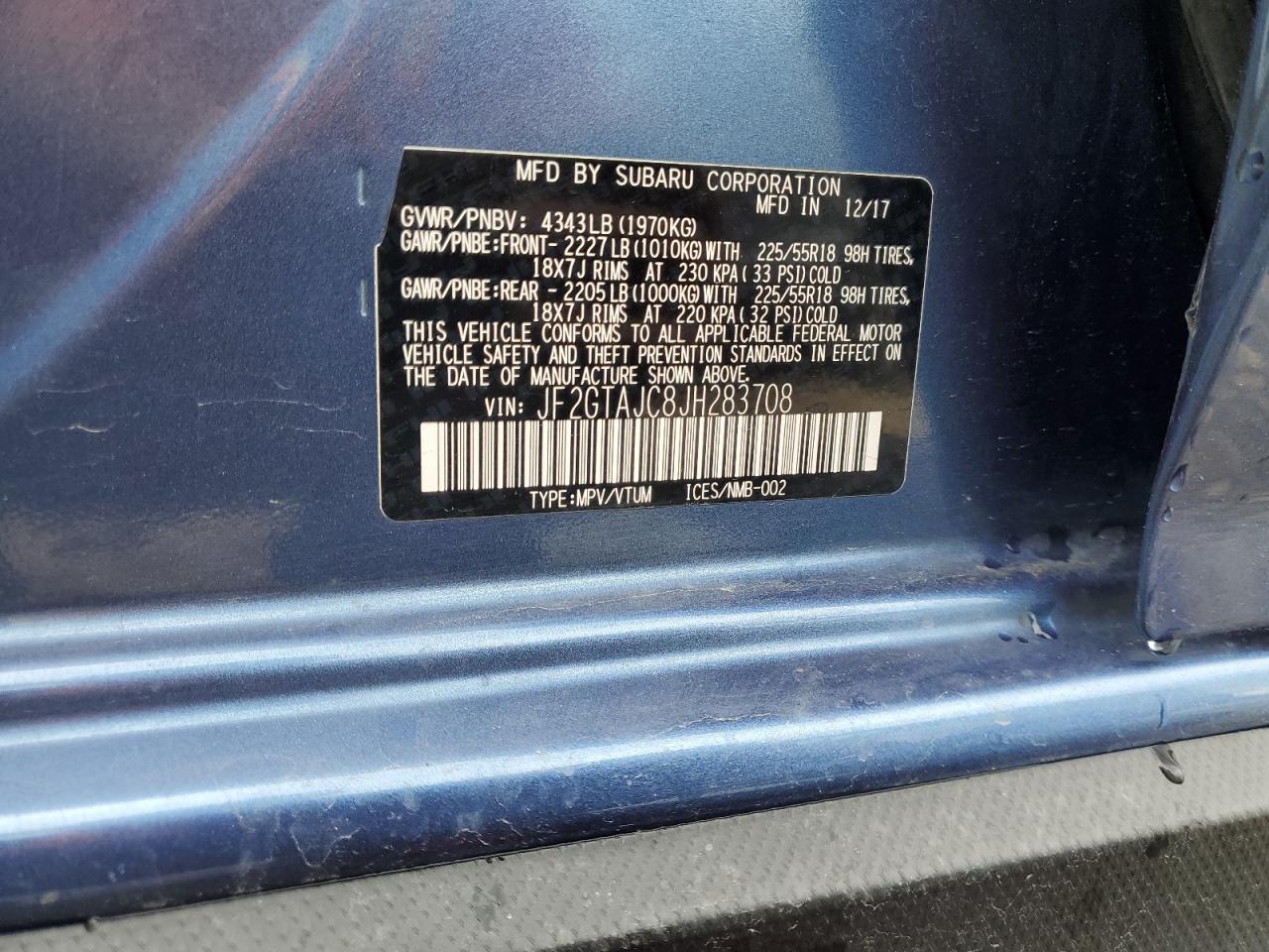 2018 Subaru Crosstrek Limited VIN: JF2GTAJC8JH283708 Lot: 70317325