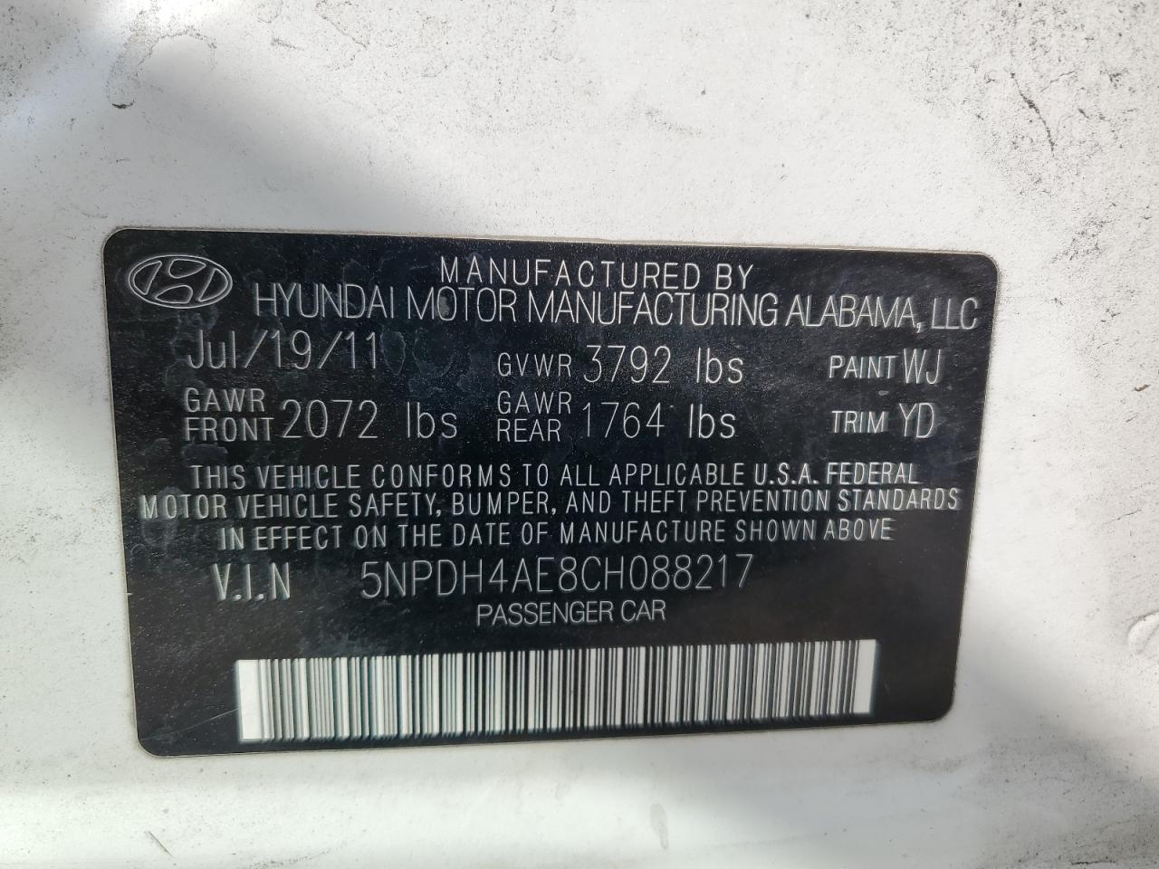 2012 Hyundai Elantra Gls VIN: 5NPDH4AE8CH088217 Lot: 67177175