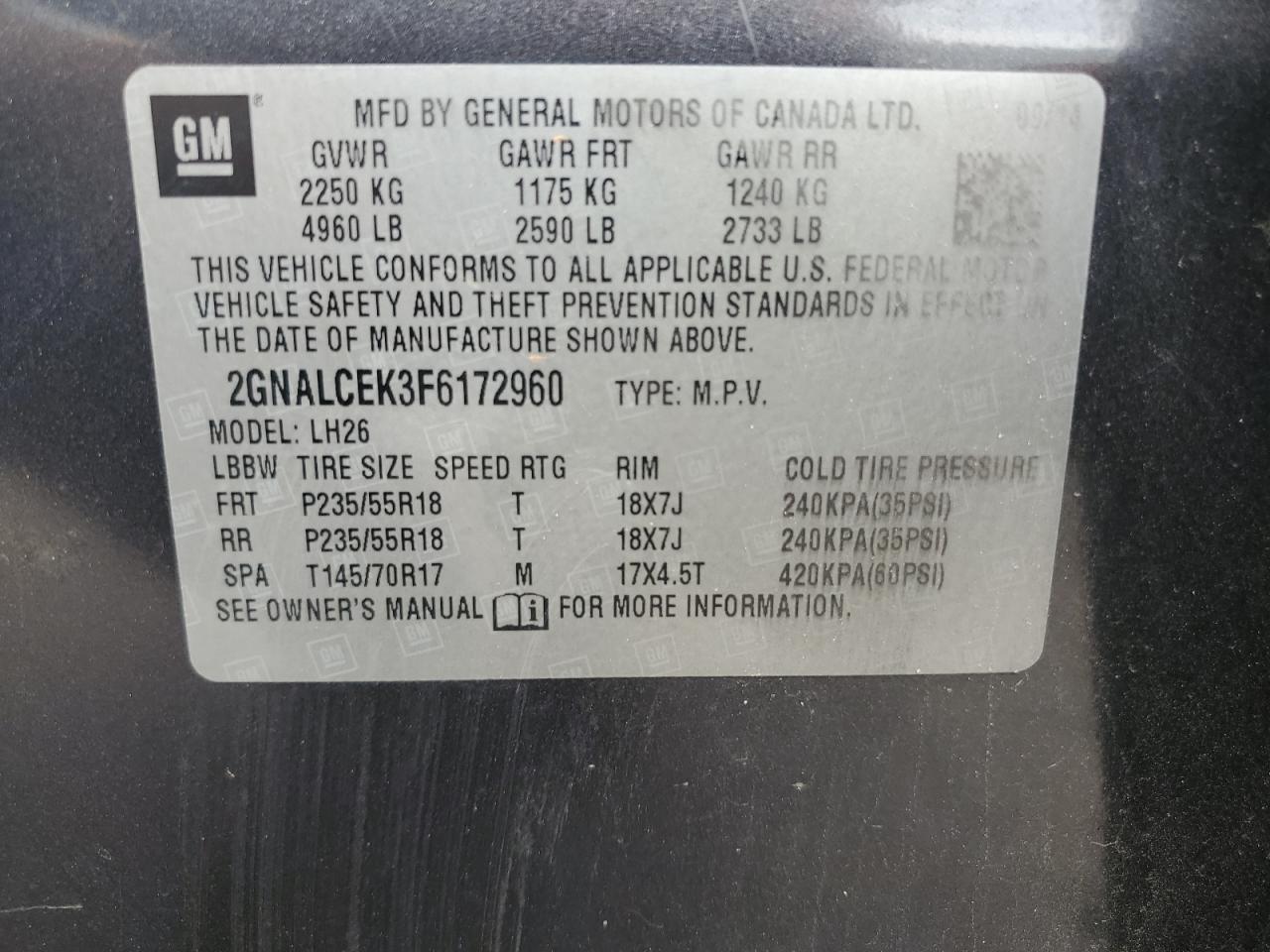 2015 Chevrolet Equinox Lt VIN: 2GNALCEK3F6172960 Lot: 70450745