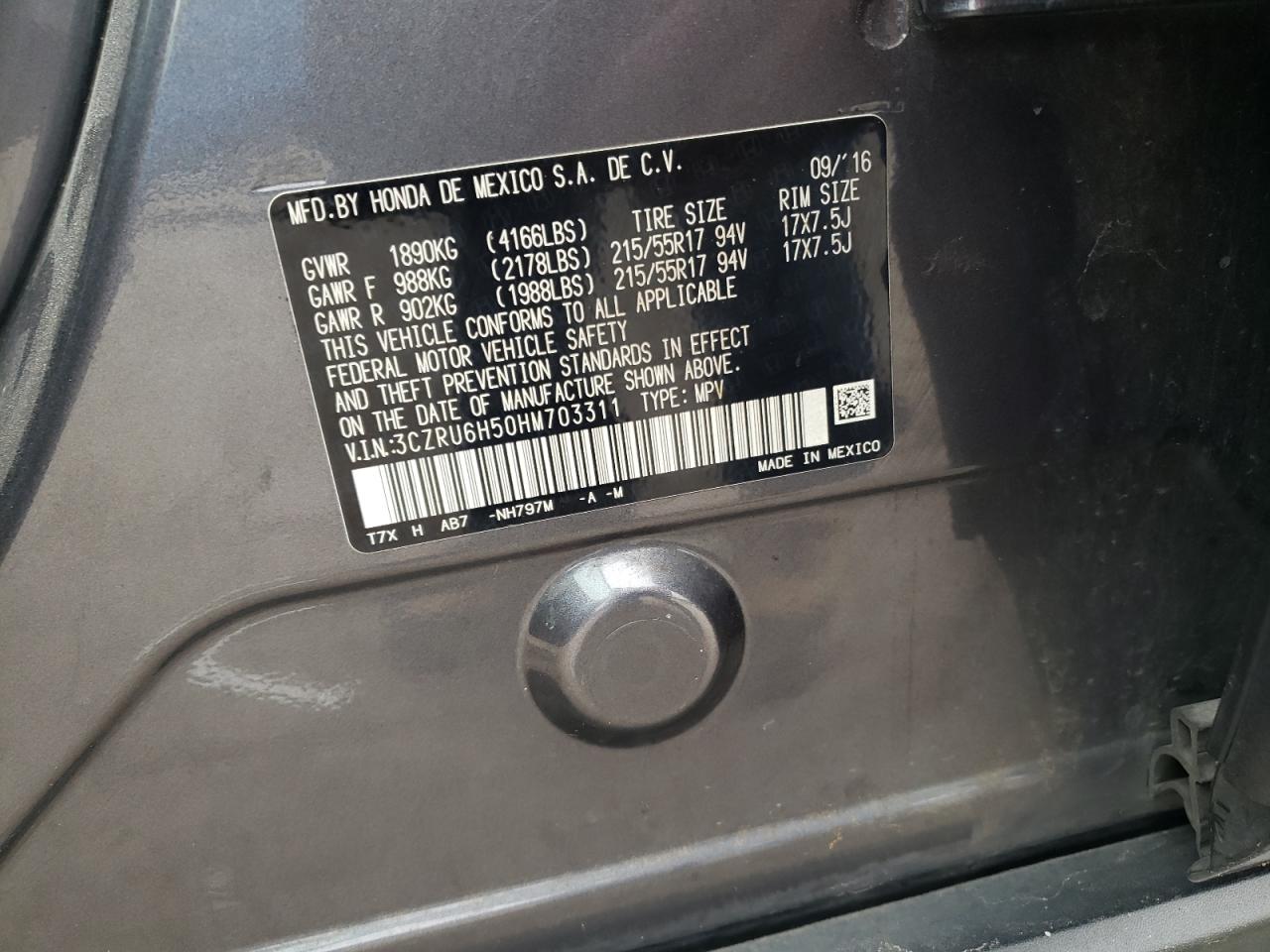2017 Honda Hr-V Ex VIN: 3CZRU6H50HM703311 Lot: 67032625