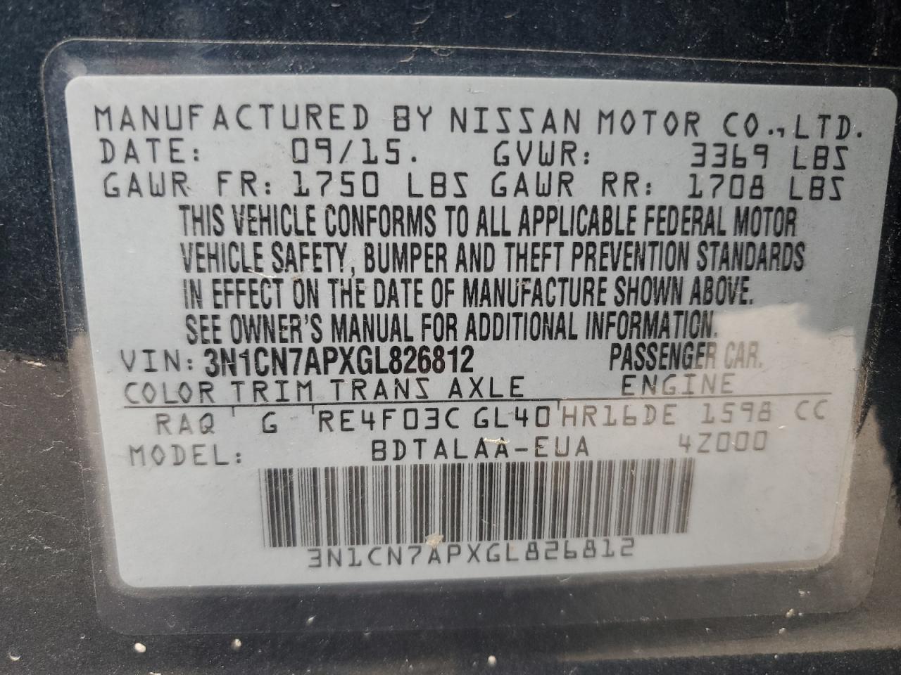 2016 Nissan Versa S VIN: 3N1CN7APXGL826812 Lot: 69688165