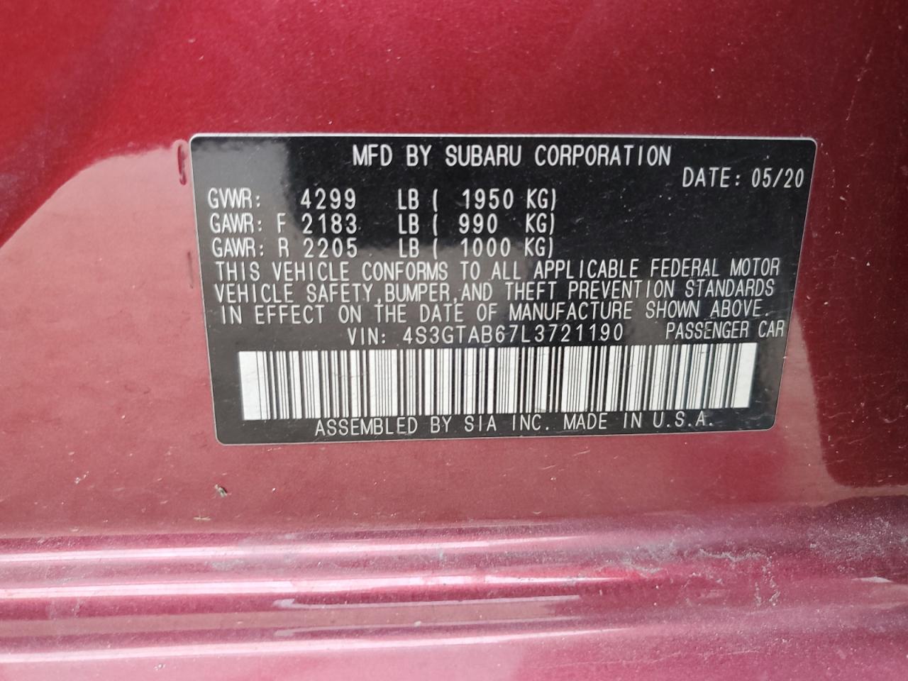 2020 Subaru Impreza VIN: 4S3GTAB67L3721190 Lot: 70006605