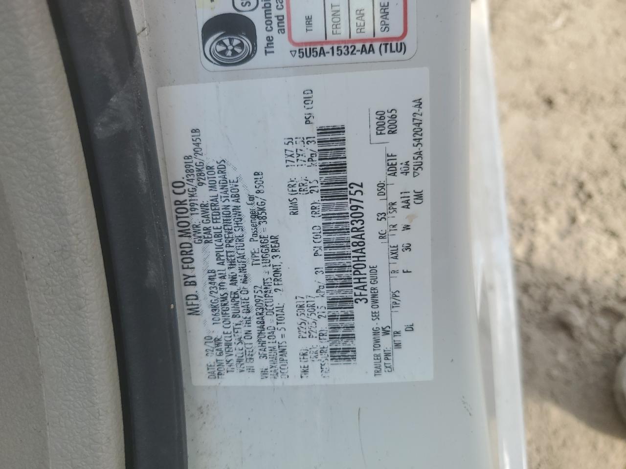 2010 Ford Fusion Se VIN: 3FAHP0HA8AR309752 Lot: 68327375