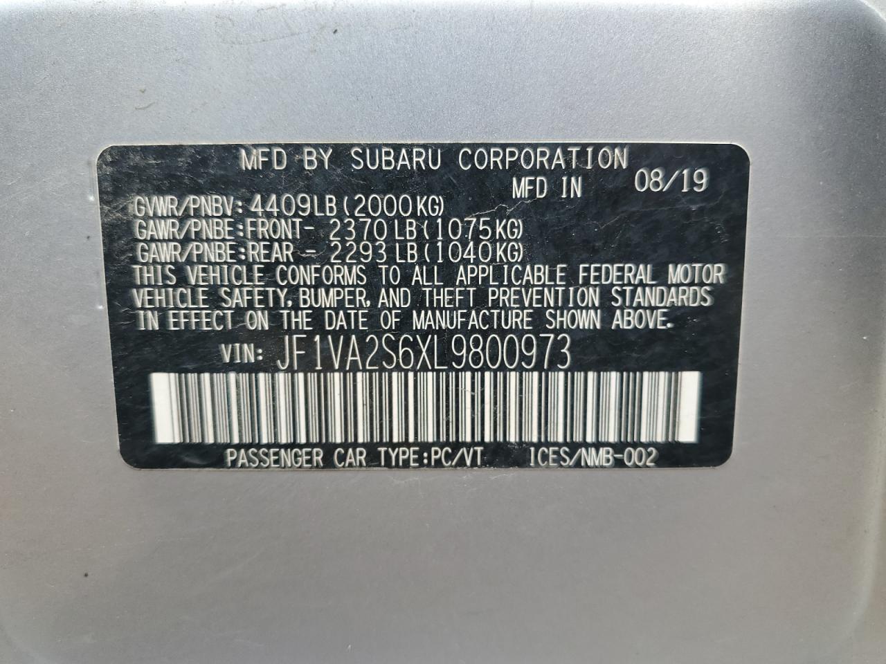 2020 Subaru Wrx Sti VIN: JF1VA2S6XL9800973 Lot: 70557725