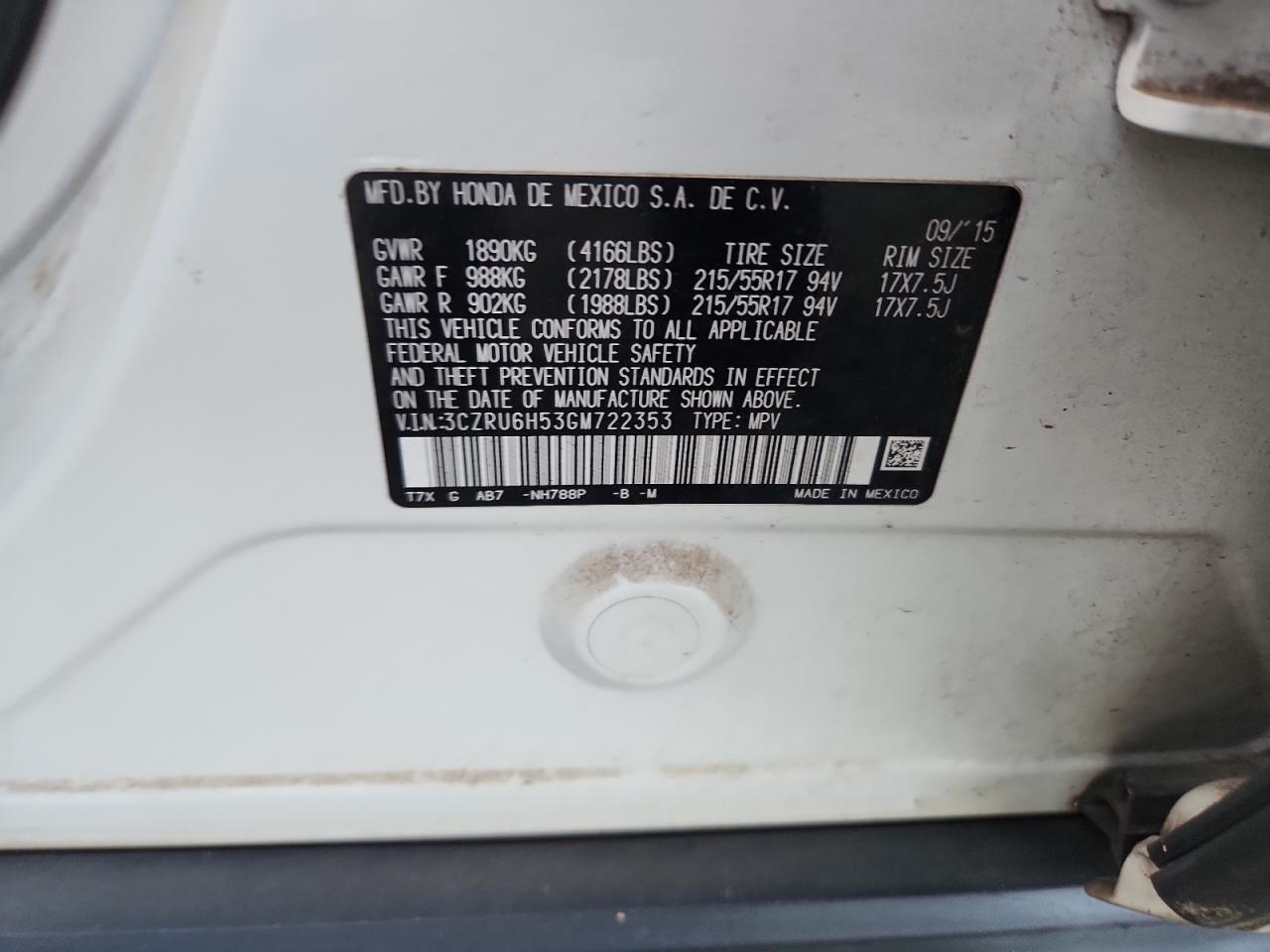 2016 Honda Hr-V Ex VIN: 3CZRU6H53GM722353 Lot: 70570875