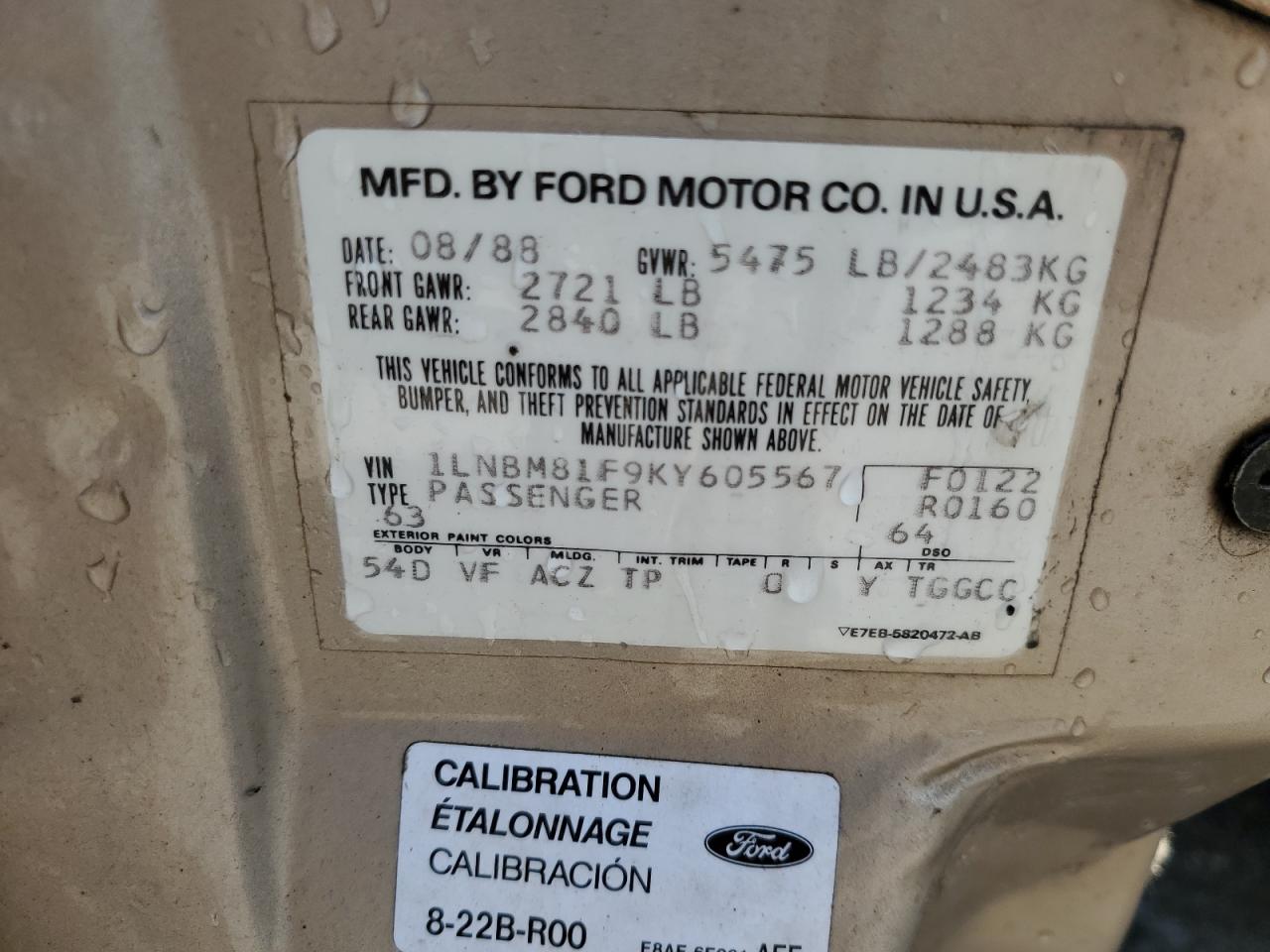 1989 Lincoln Town Car VIN: 1LNBM81F9KY605567 Lot: 67747295