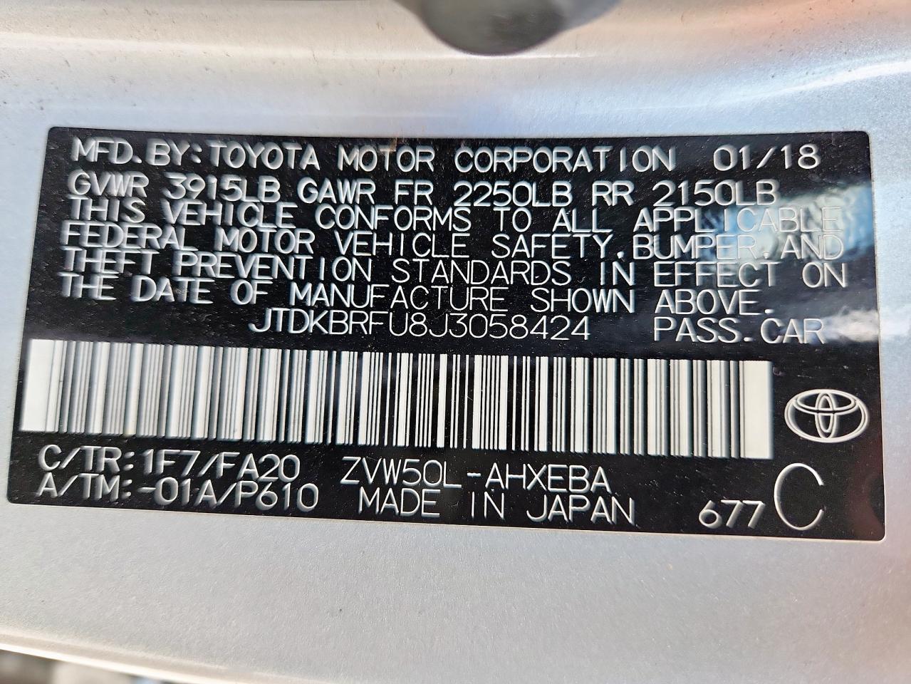 2018 Toyota Prius VIN: JTDKBRFU8J3058424 Lot: 70436275