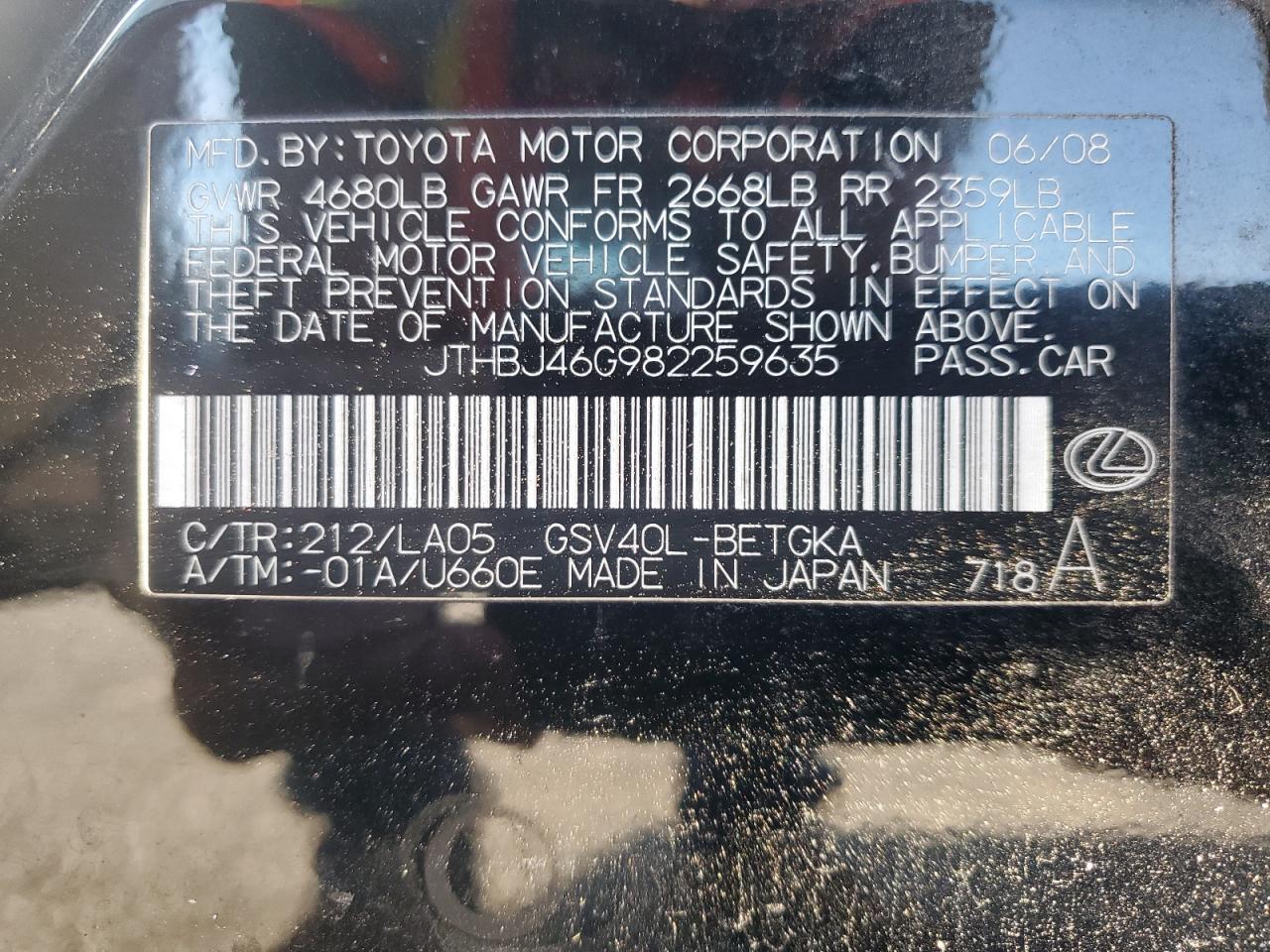 2008 Lexus Es 350 VIN: JTHBJ46G472146772 Lot: 68385895