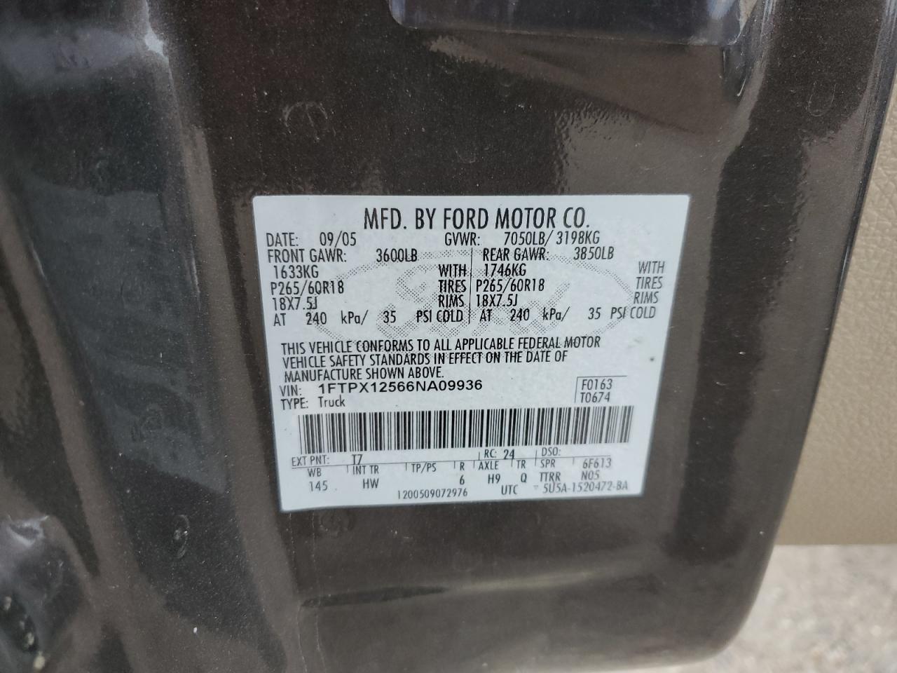 2006 Ford F150 VIN: 1FTPX12566NA09936 Lot: 69099625