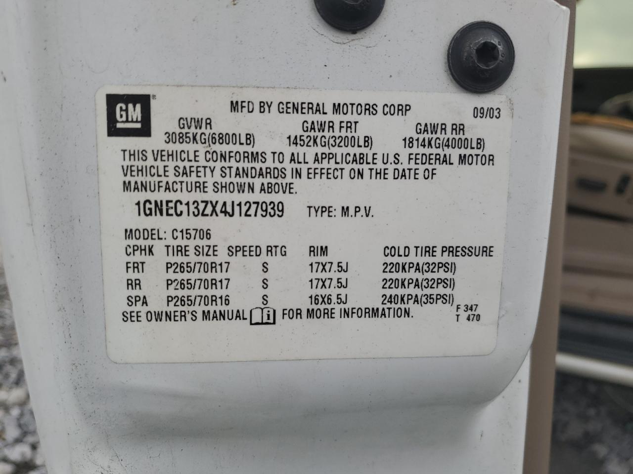 2004 Chevrolet Tahoe C1500 VIN: 1GNEC13ZX4J127939 Lot: 70814515