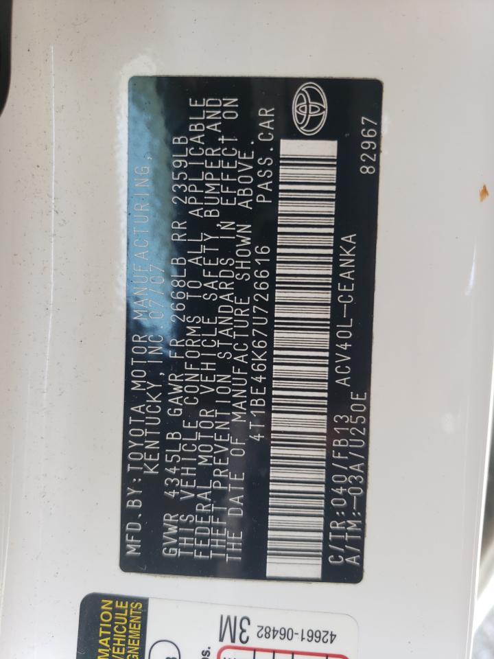 2007 Toyota Camry Ce VIN: 4T1BE46K67U726616 Lot: 68075415