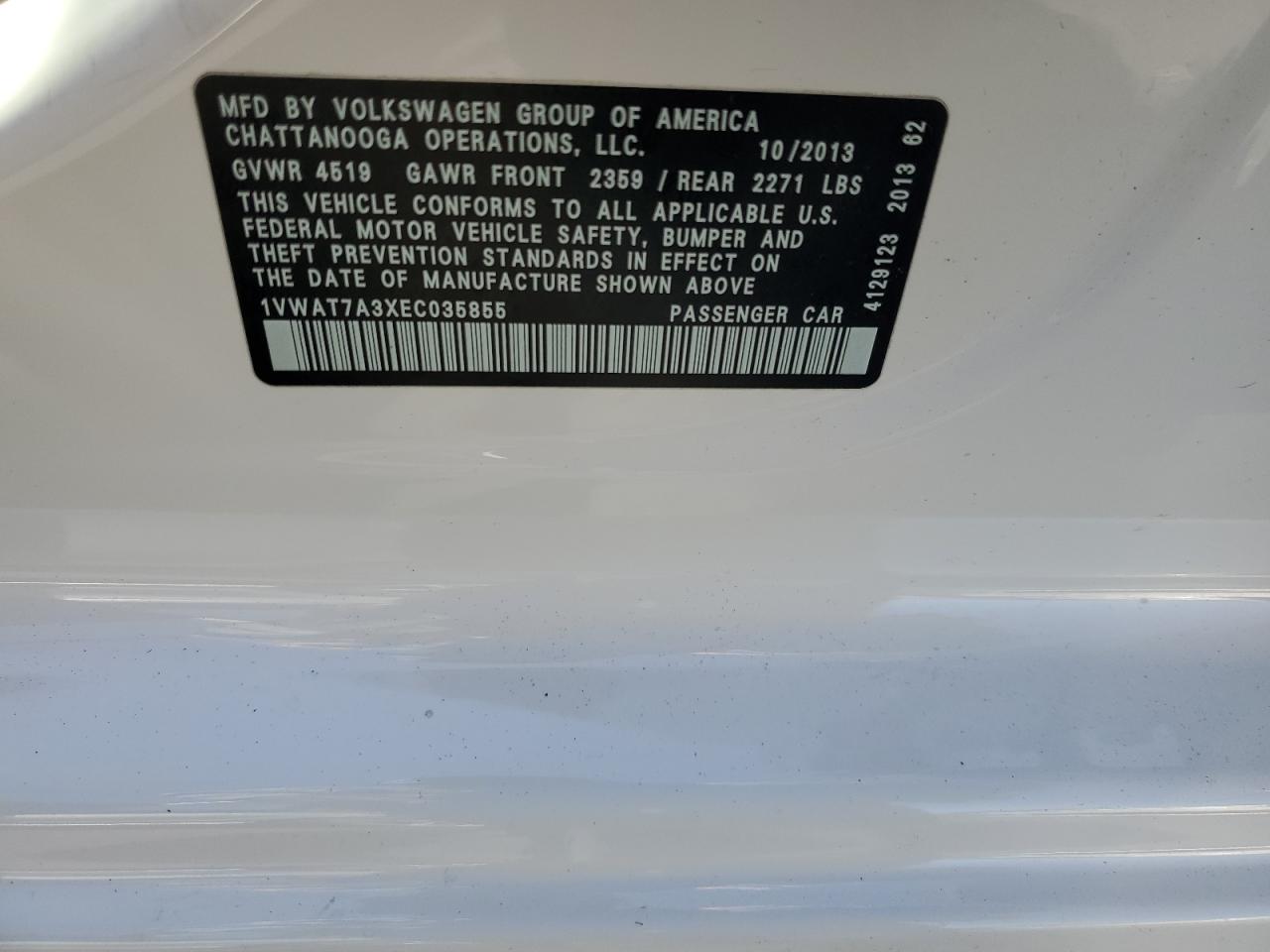 2014 Volkswagen Passat S VIN: 1VWAT7A3XEC035855 Lot: 70700215