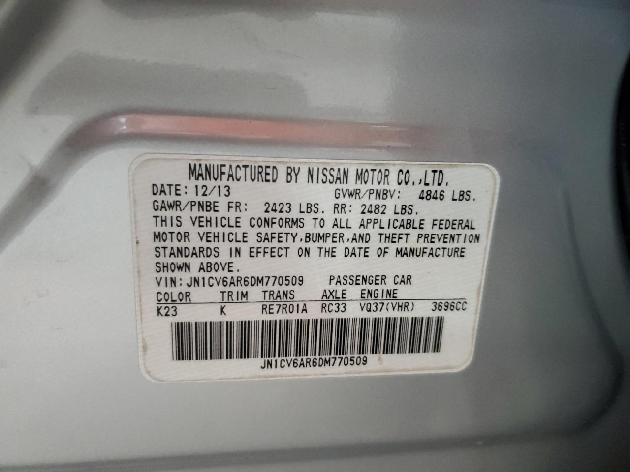 2013 Infiniti G37 VIN: JN1CV6AR6DM770509 Lot: 67808855