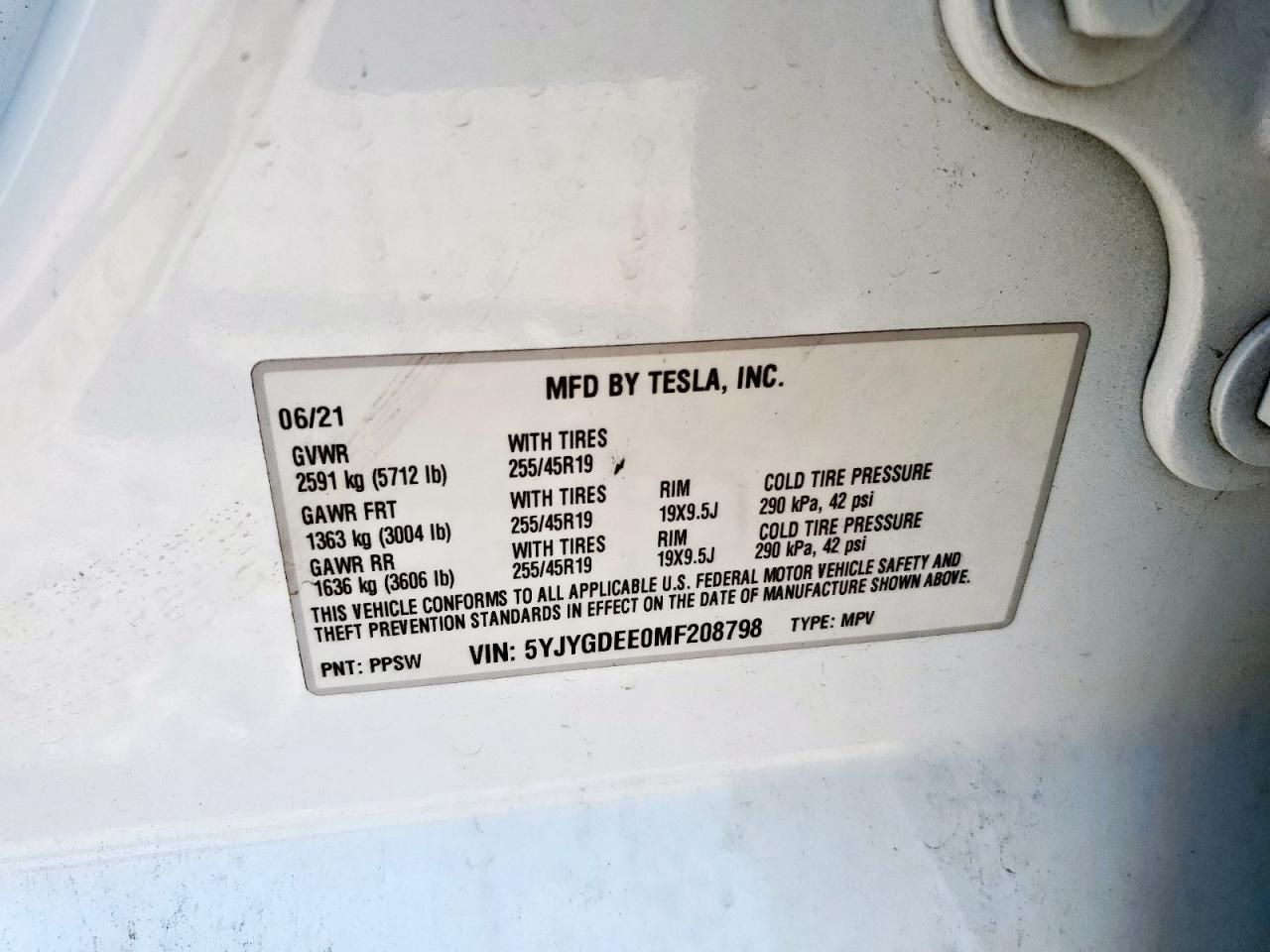 2021 Tesla Model Y VIN: 5YJYGDEE0MF208798 Lot: 69677485