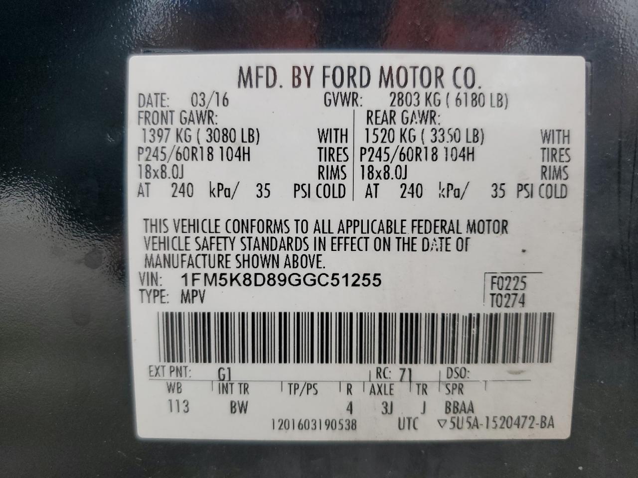 2016 Ford Explorer Xlt VIN: 1FM5K8D89GGC51255 Lot: 71081555