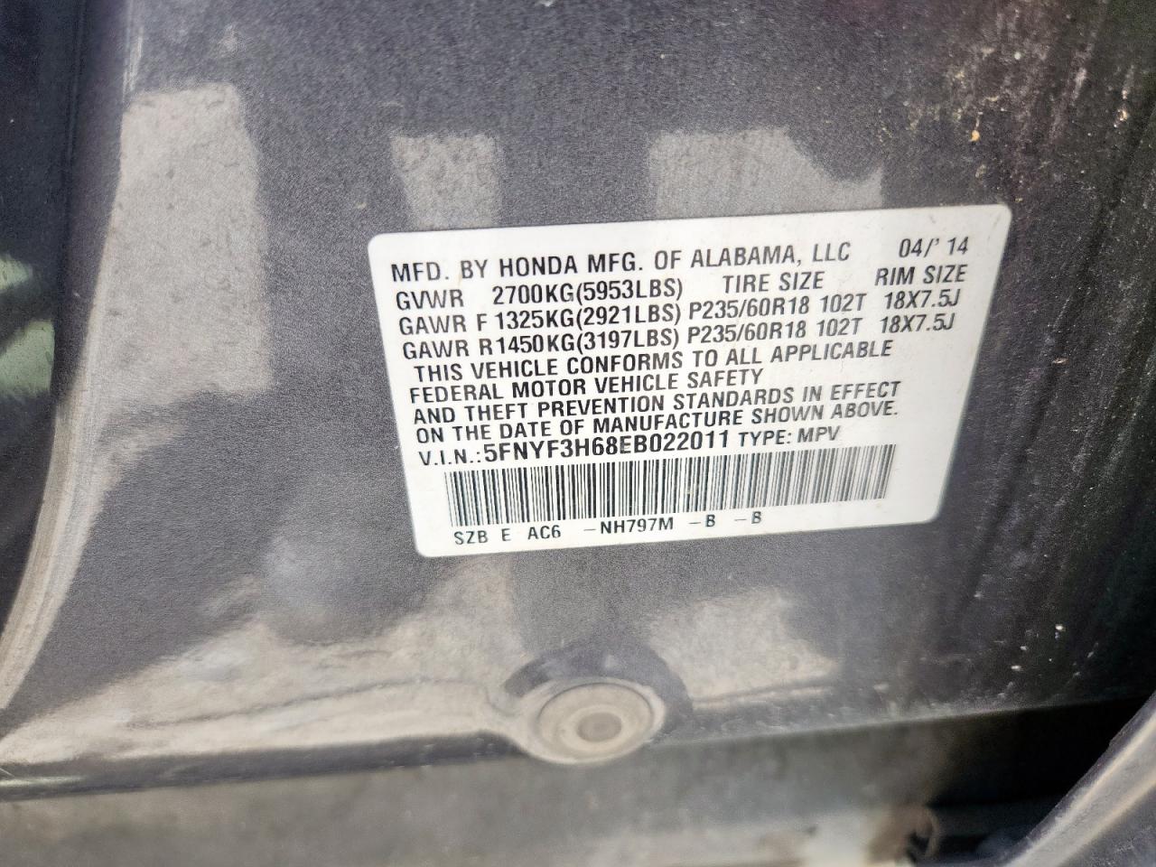 2014 Honda Pilot Exl VIN: 5FNYF3H68EB022011 Lot: 67192245