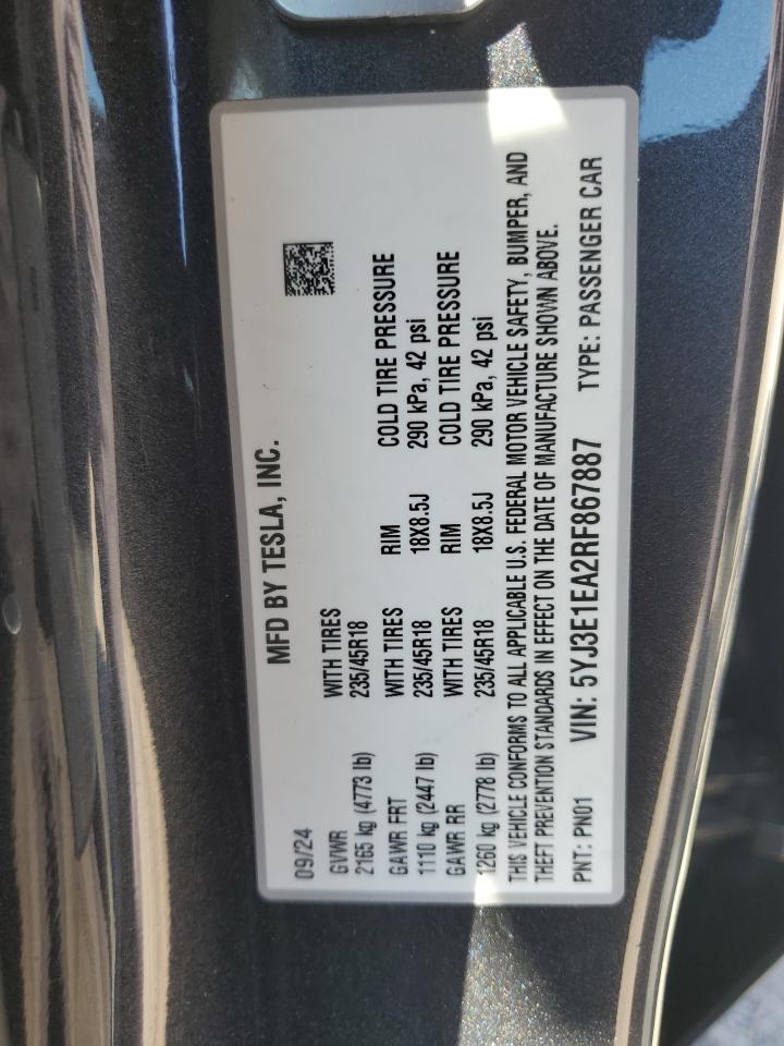 2024 Tesla Model 3 VIN: 5YJ3E1EA2RF867887 Lot: 69696595