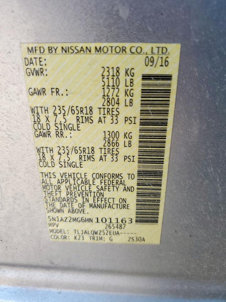 2017 Nissan Murano S VIN: 5N1AZ2MG6HN101163 Lot: 68828265