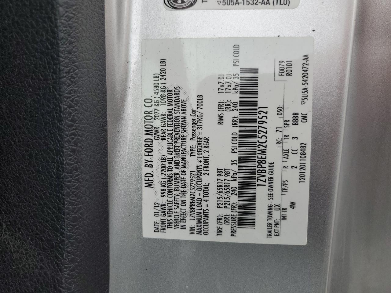 2012 Ford Mustang VIN: 1ZVBP8EM2C5279521 Lot: 68709455