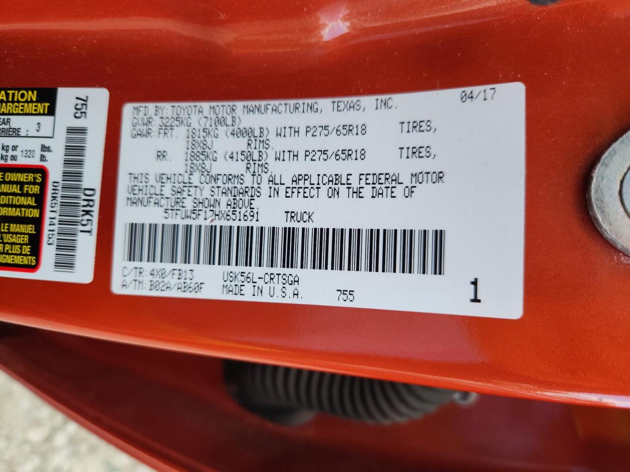 2017 Toyota Tundra Double Cab Sr VIN: 5TFUW5F17HX651691 Lot: 69618605