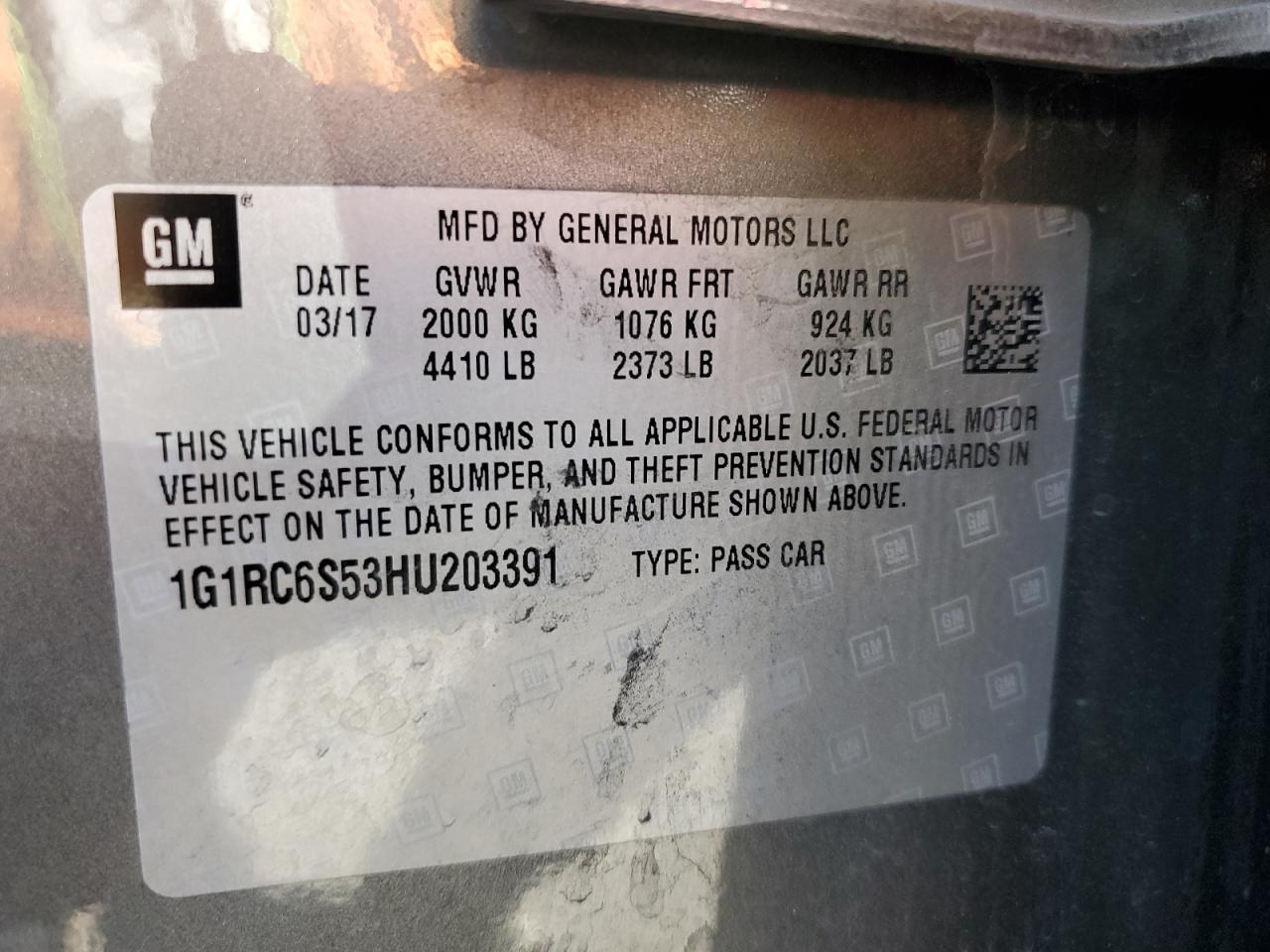 2017 Chevrolet Volt Lt VIN: 1G1RC6S53HU203391 Lot: 69883155