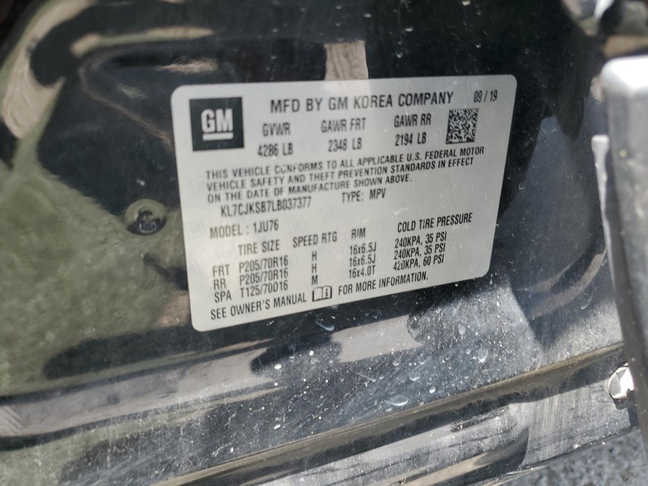 2020 Chevrolet Trax Ls VIN: KL7CJKSB7LB037377 Lot: 69199815