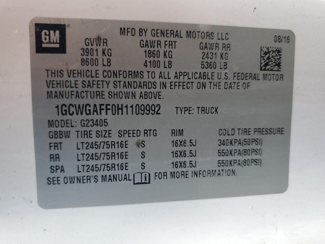 2017 Chevrolet Express G2500 VIN: 1GCWGAFF0H1109992 Lot: 67750185